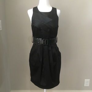 Black satin sleeveless dress w/silver pinstripes